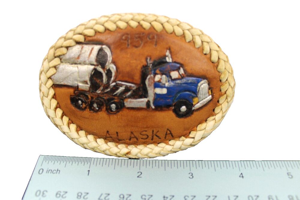 VINTAGE Leather 1980s TEAMSTERS LOCAL 959 STATE OF ALASKSA  BELT BUCKLE